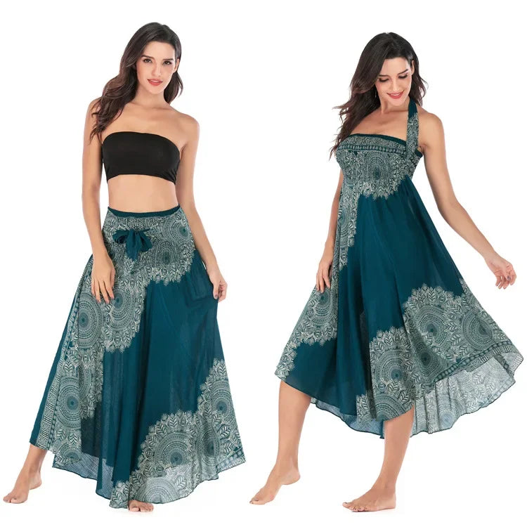 Bohemian Floral Maxi Skirt Dress – Elastic Waist Flowy & Chic Boho Fashion - S00303-green / Waist(58-100cm)86cmL - Midi