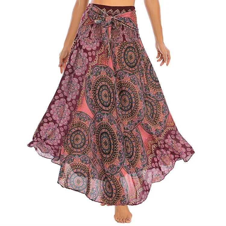 Bohemian Floral Maxi Skirt Dress – Elastic Waist Flowy & Chic Boho Fashion - S01003-wine red / Waist(58-100cm)86cmL