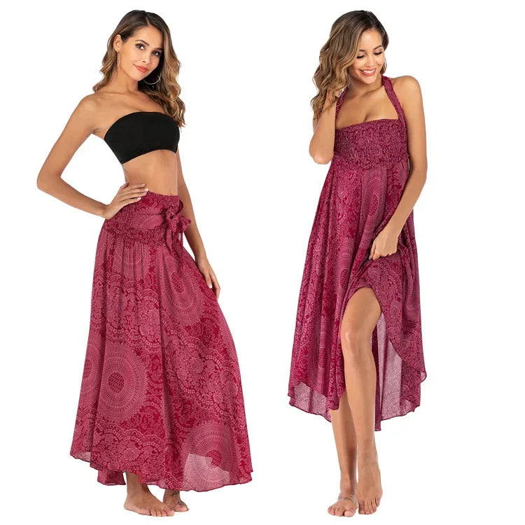 Bohemian Floral Maxi Skirt Dress – Elastic Waist Flowy & Chic Boho Fashion - S00602-rose red / Waist(58-100cm)86cmL