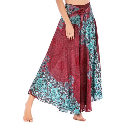 Bohemian Floral Maxi Skirt Dress – Elastic Waist Flowy & Chic Boho Fashion - S00203-wine red / Waist(58-100cm)86cmL