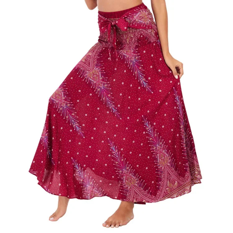 Bohemian Floral Maxi Skirt Dress – Elastic Waist Flowy & Chic Boho Fashion - S01302-wine red / Waist(58-100cm)86cmL