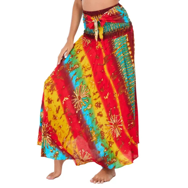 Bohemian Floral Maxi Skirt Dress – Elastic Waist Flowy & Chic Boho Fashion - S01204-yellowbluered