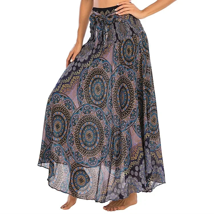 Bohemian Floral Maxi Skirt Dress – Elastic Waist Flowy & Chic Boho Fashion - S01004-dark blue / Waist(58-100cm)86cmL