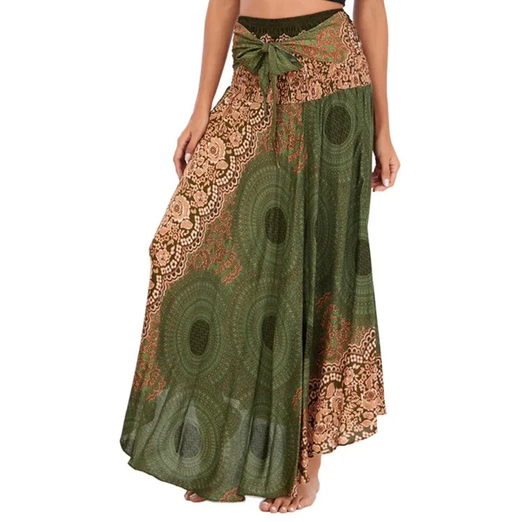 Bohemian Floral Maxi Skirt Dress – Elastic Waist Flowy & Chic Boho Fashion - S00205-dark green / Waist(58-100cm)86cmL