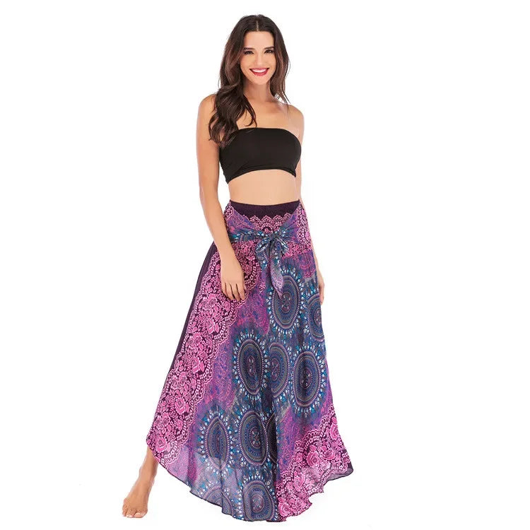 Bohemian Floral Maxi Skirt Dress – Elastic Waist Flowy & Chic Boho Fashion - S00104-rose red / Waist(58-100cm)86cmL