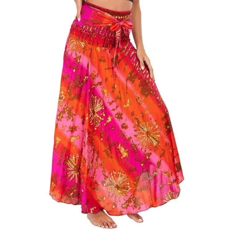 Bohemian Floral Maxi Skirt Dress – Elastic Waist Flowy & Chic Boho Fashion - S01201-red / Waist(58-100cm)86cmL - Midi
