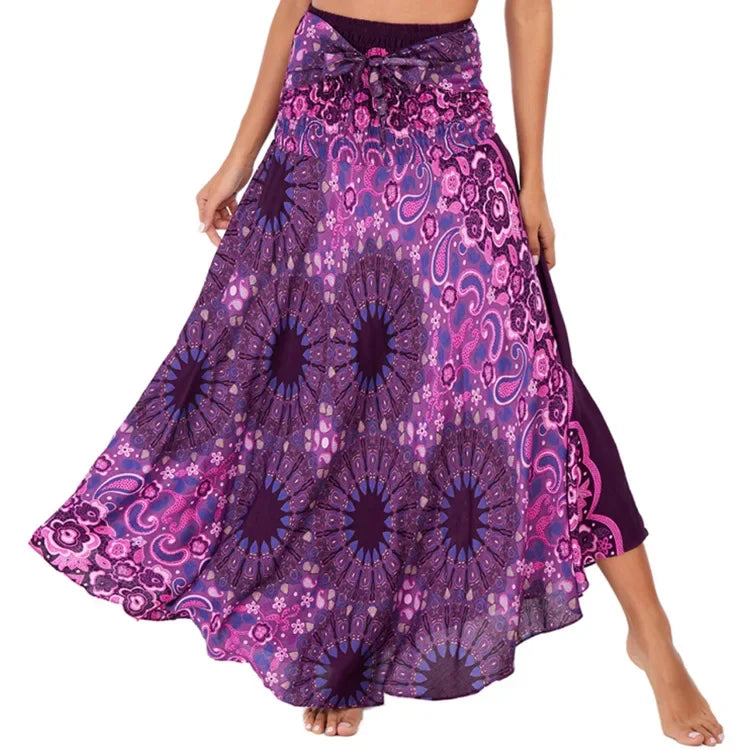 Bohemian Floral Maxi Skirt Dress – Elastic Waist Flowy & Chic Boho Fashion - S01106-rose red / Waist(58-100cm)86cmL