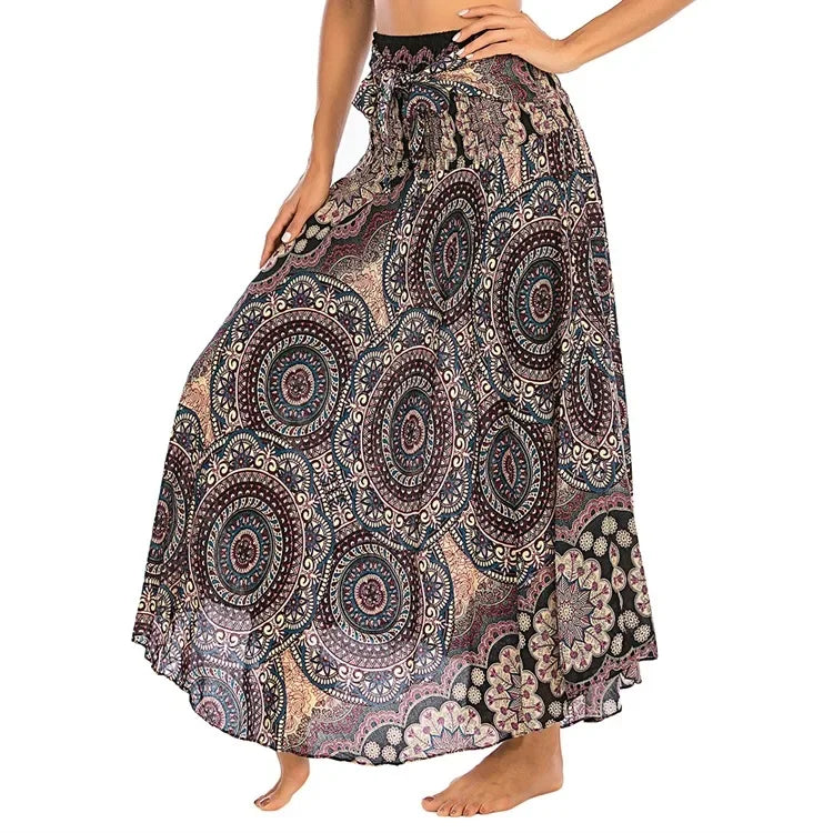 Bohemian Floral Maxi Skirt Dress – Elastic Waist Flowy & Chic Boho Fashion - S01001-black gold / Waist(58-100cm)86cmL