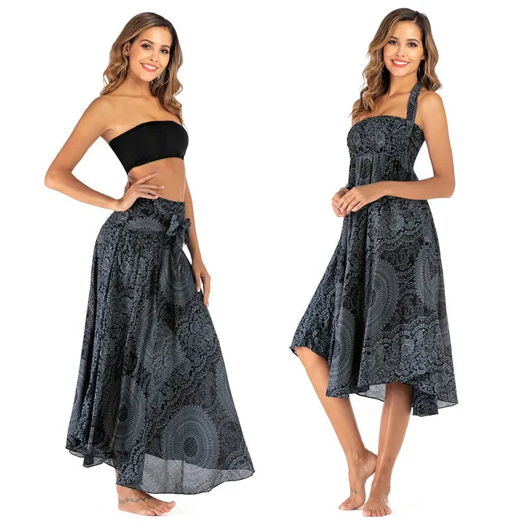 Bohemian Floral Maxi Skirt Dress – Elastic Waist Flowy & Chic Boho Fashion - S00605-black / Waist(58-100cm)86cmL - Midi