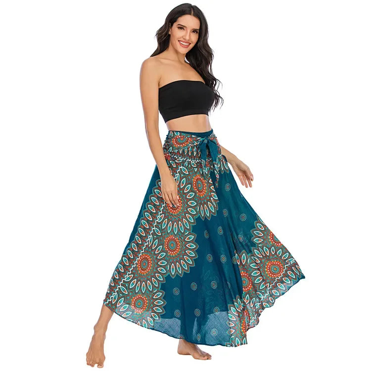 Bohemian Floral Maxi Skirt Dress – Elastic Waist Flowy & Chic Boho Fashion - S00804-green / Waist(58-100cm)86cmL - Midi