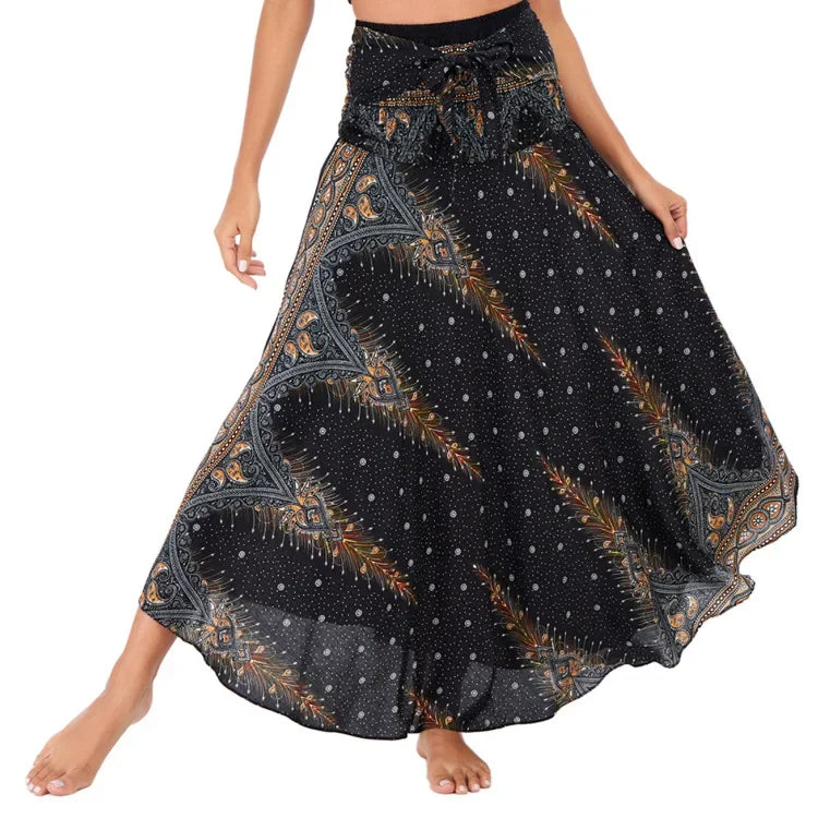 Bohemian Floral Maxi Skirt Dress – Elastic Waist Flowy & Chic Boho Fashion - S01301-black / Waist(58-100cm)86cmL - Midi