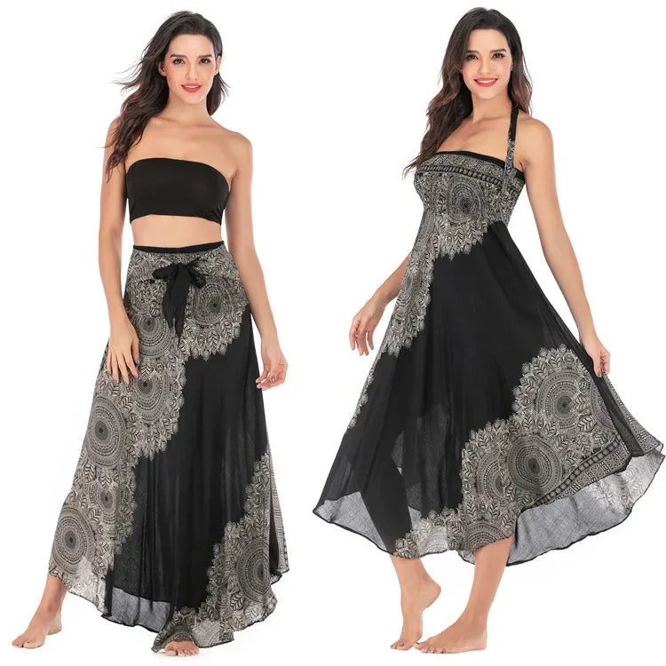 Bohemian Floral Maxi Skirt Dress – Elastic Waist Flowy & Chic Boho Fashion - S00301-black / Waist(58-100cm)86cmL - Midi