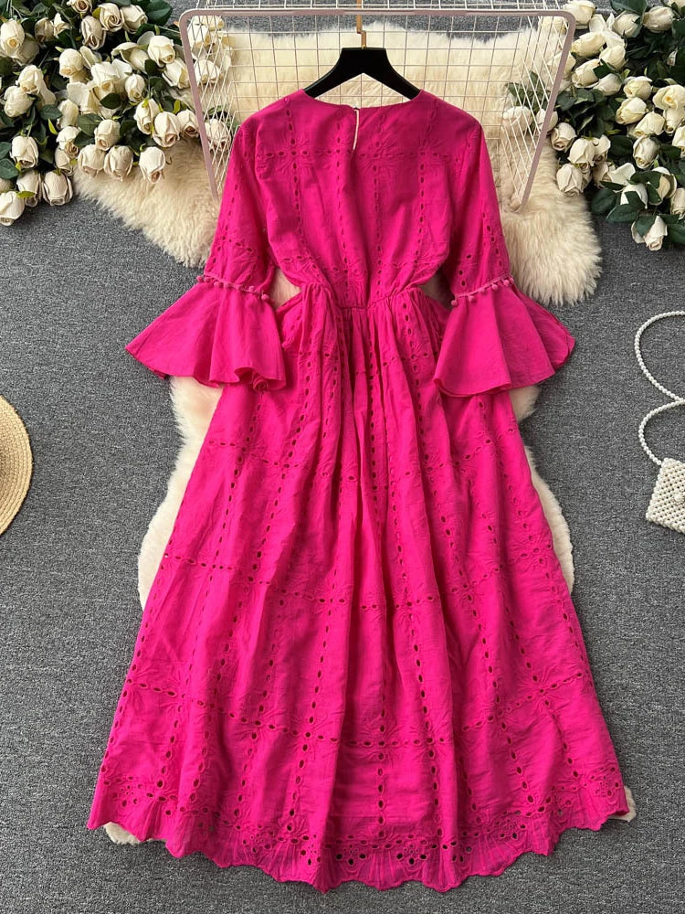 Bohemian Long Dress Women Summer Petal Sleeve Hollow Out Vintage Dresses Ladies Slim A-line Sequin Embroidery - Dress