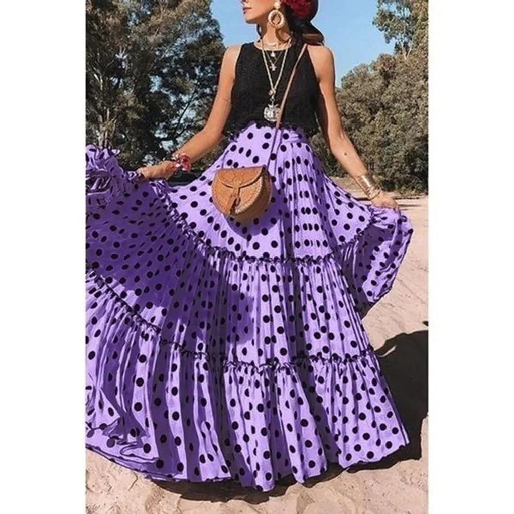 customized - Bohemian Maxi Skirts For Women High Waist Polka Dot Printed Skirt Loose Ruffled Long Pleated Skirts Elegant Female Streetwear - Boho Eco Boutique™ - customized - Boho Eco Boutique™ - Blue - S - United States