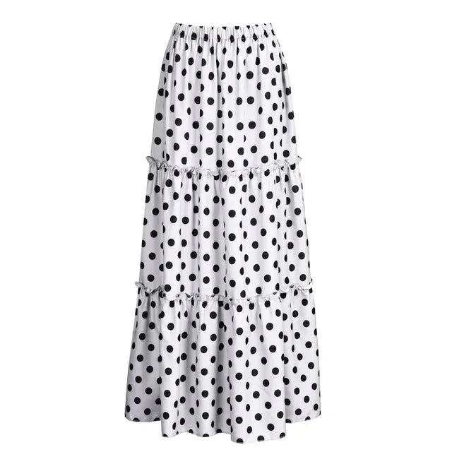 customized - Bohemian Maxi Skirts For Women High Waist Polka Dot Printed Skirt Loose Ruffled Long Pleated Skirts Elegant Female Streetwear - Boho Eco Boutique™ - customized - Boho Eco Boutique™ - White - S - United States