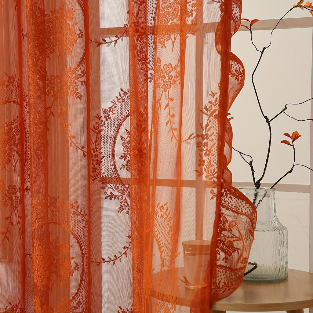 Bohemian Orange-Brown Knitted Yarn Curtain – Semi-Transparent Forest Theme Eyelet Top - Curtain