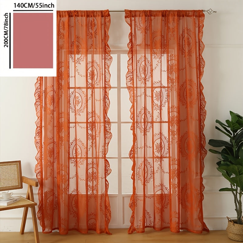 Bohemian Orange-Brown Knitted Yarn Curtain – Semi-Transparent Forest Theme Eyelet Top - w55inch*h78inch / Orange
