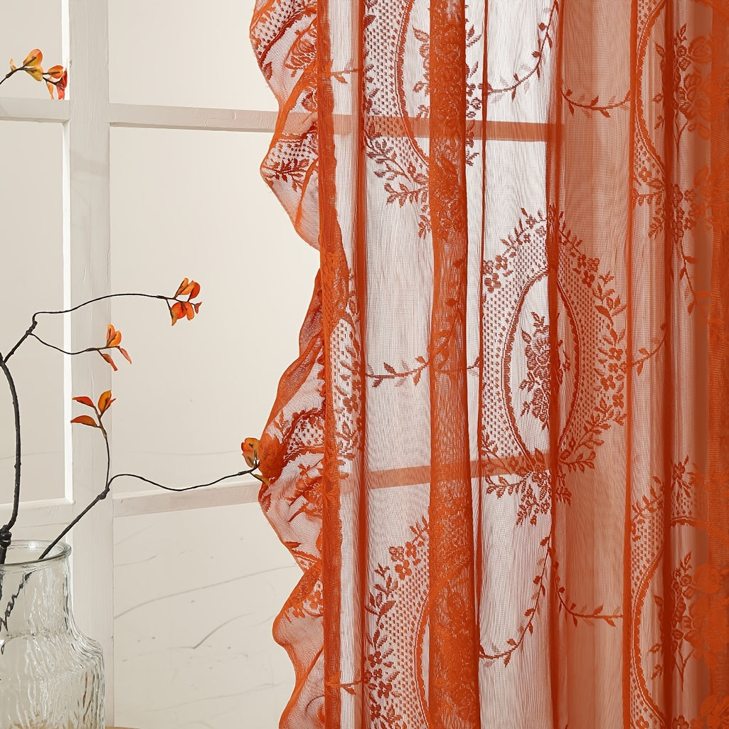 Bohemian Orange-Brown Knitted Yarn Curtain – Semi-Transparent Forest Theme Eyelet Top - Curtain