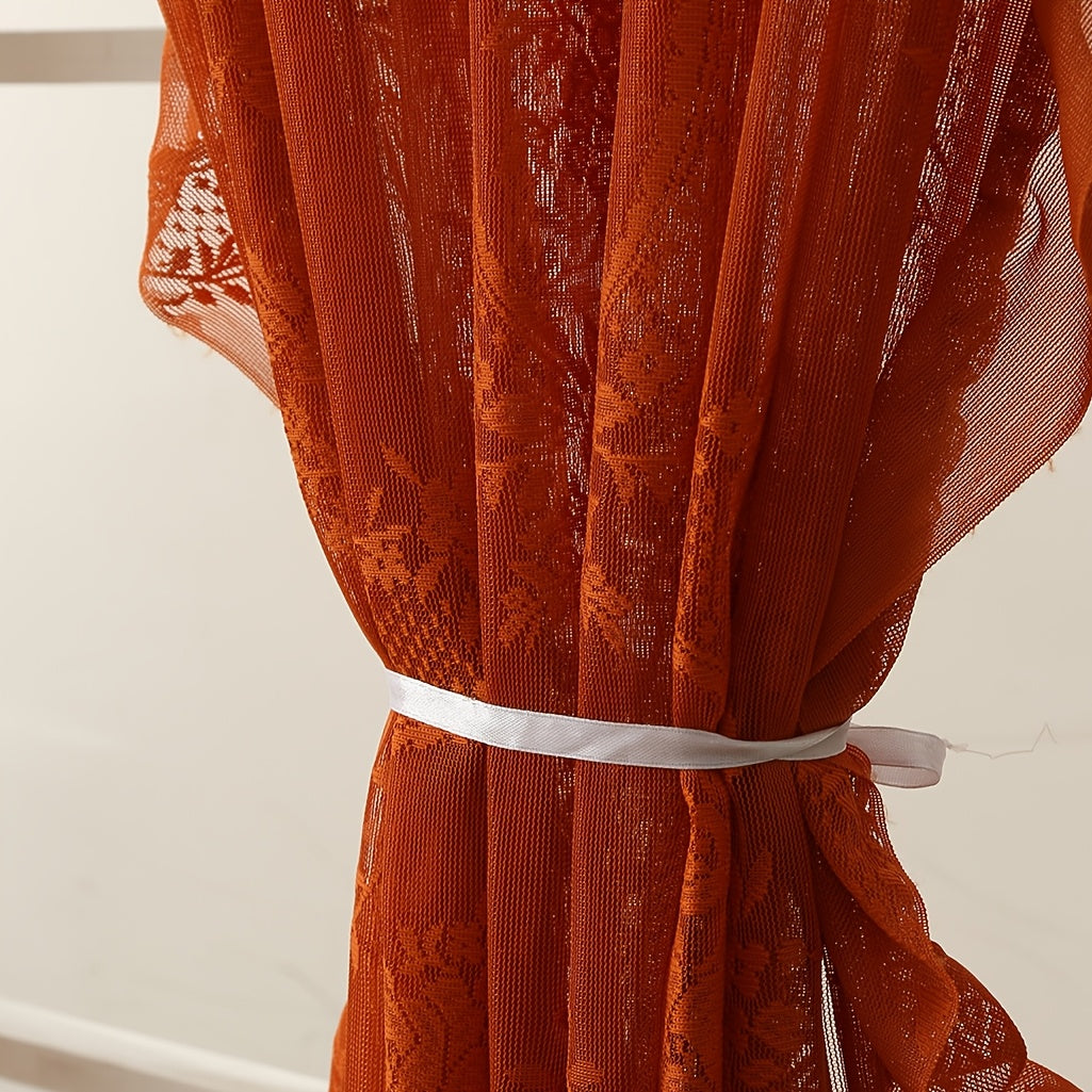 Bohemian Orange-Brown Knitted Yarn Curtain – Semi-Transparent Forest Theme Eyelet Top - Curtain