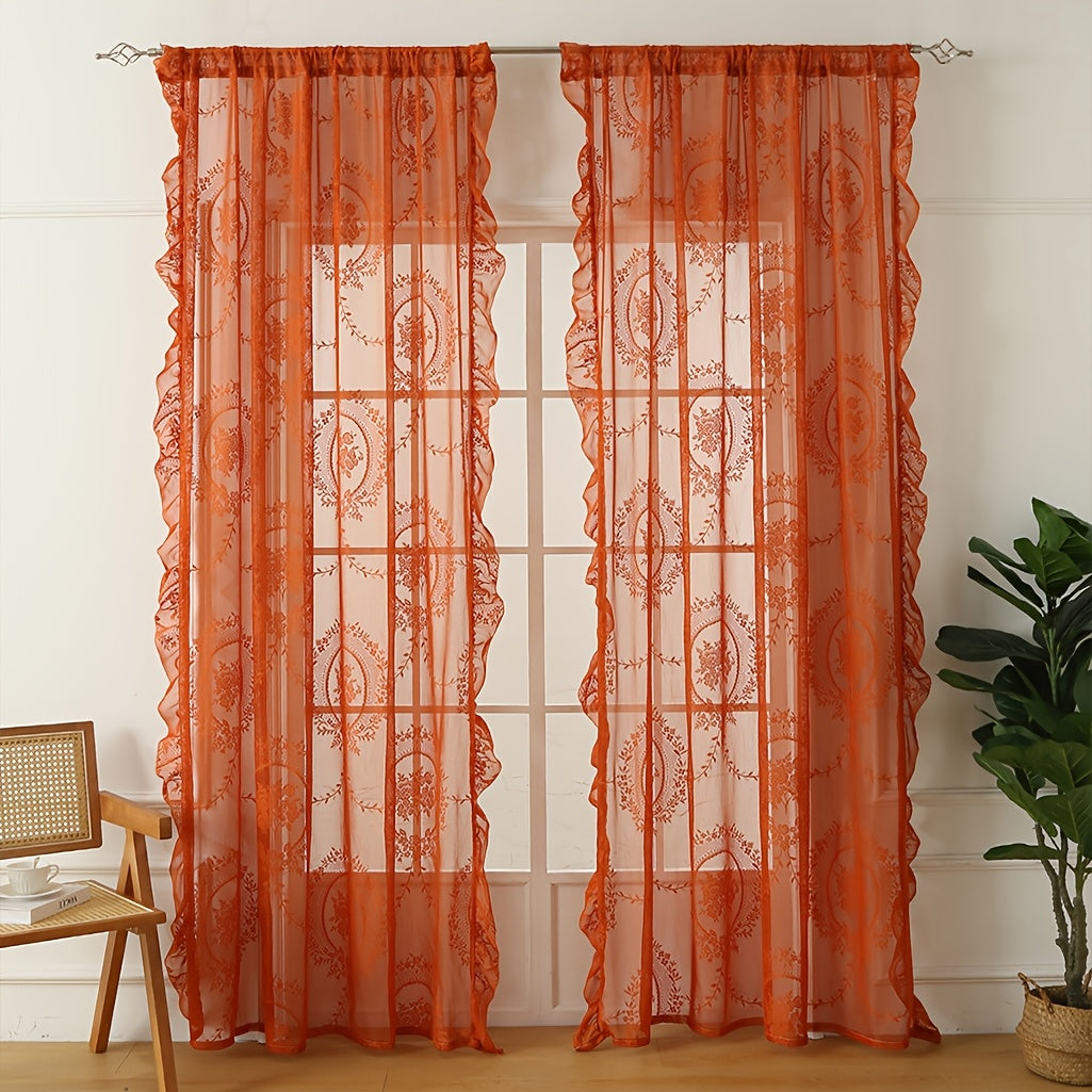 Bohemian Orange-Brown Knitted Yarn Curtain – Semi-Transparent Forest Theme Eyelet Top - Curtain