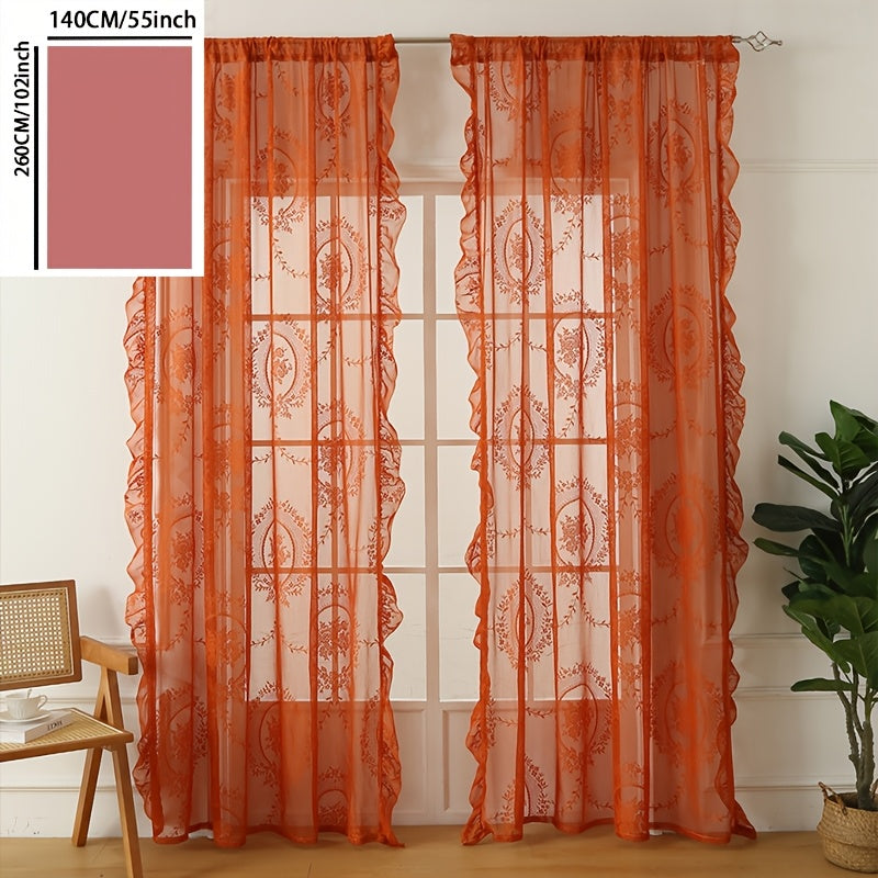 Bohemian Orange-Brown Knitted Yarn Curtain – Semi-Transparent Forest Theme Eyelet Top - W55inch*h102inch / Orange