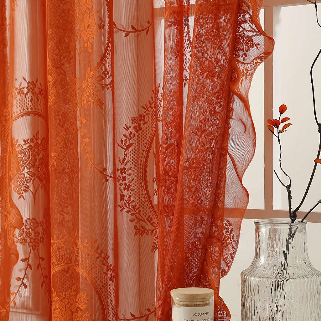 Bohemian Orange-Brown Knitted Yarn Curtain – Semi-Transparent Forest Theme Eyelet Top - Curtain