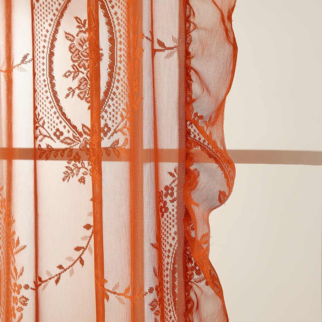 Bohemian Orange-Brown Knitted Yarn Curtain – Semi-Transparent Forest Theme Eyelet Top - Curtain