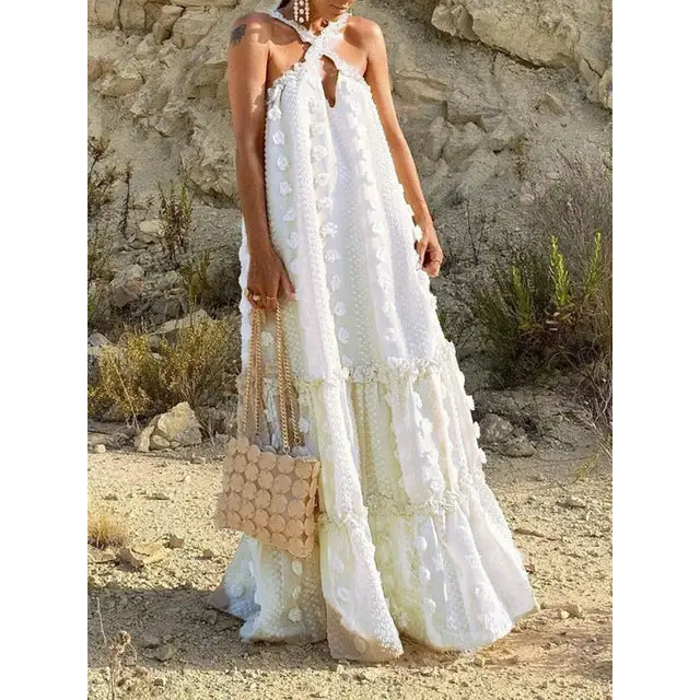 Boho Bloom: Floral Halter Sleeveless Maxi Dress – Effortlessly Sexy & Loose-Fit for Free-Spirit Women - white / M