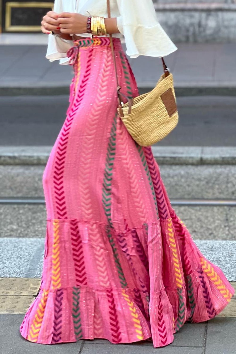  - Boho Chic High Waist Skirt - Geometric Print & Drawstring Waist, Stylish & Flowy - Boho Eco Boutique™ - Boho Eco Boutique™ - 100100638921606 - Pink - S - 