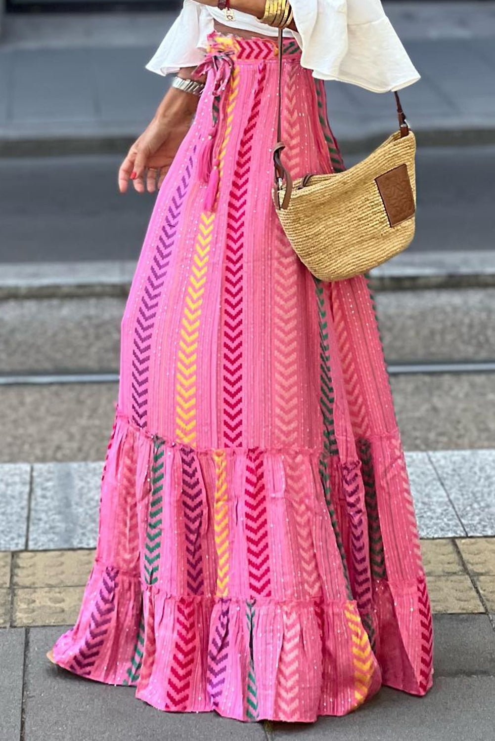  - Boho Chic High Waist Skirt - Geometric Print & Drawstring Waist, Stylish & Flowy - Boho Eco Boutique™ - Boho Eco Boutique™ - 100100638921606 - Pink - S - 