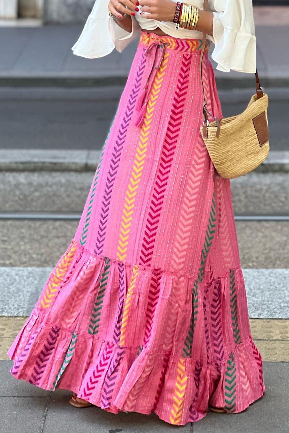  - Boho Chic High Waist Skirt - Geometric Print & Drawstring Waist, Stylish & Flowy - Boho Eco Boutique™ - Boho Eco Boutique™ - 100100638921606 - Pink - S - 