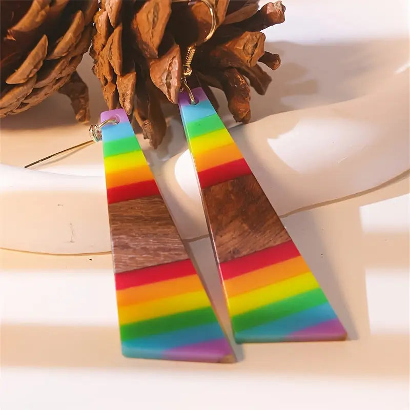 Boho-Chic Rainbow Geometric Wood & Resin Dangle Earrings - Nickel-Free Copper Hooks Ideal for Daily Wear & Gifting