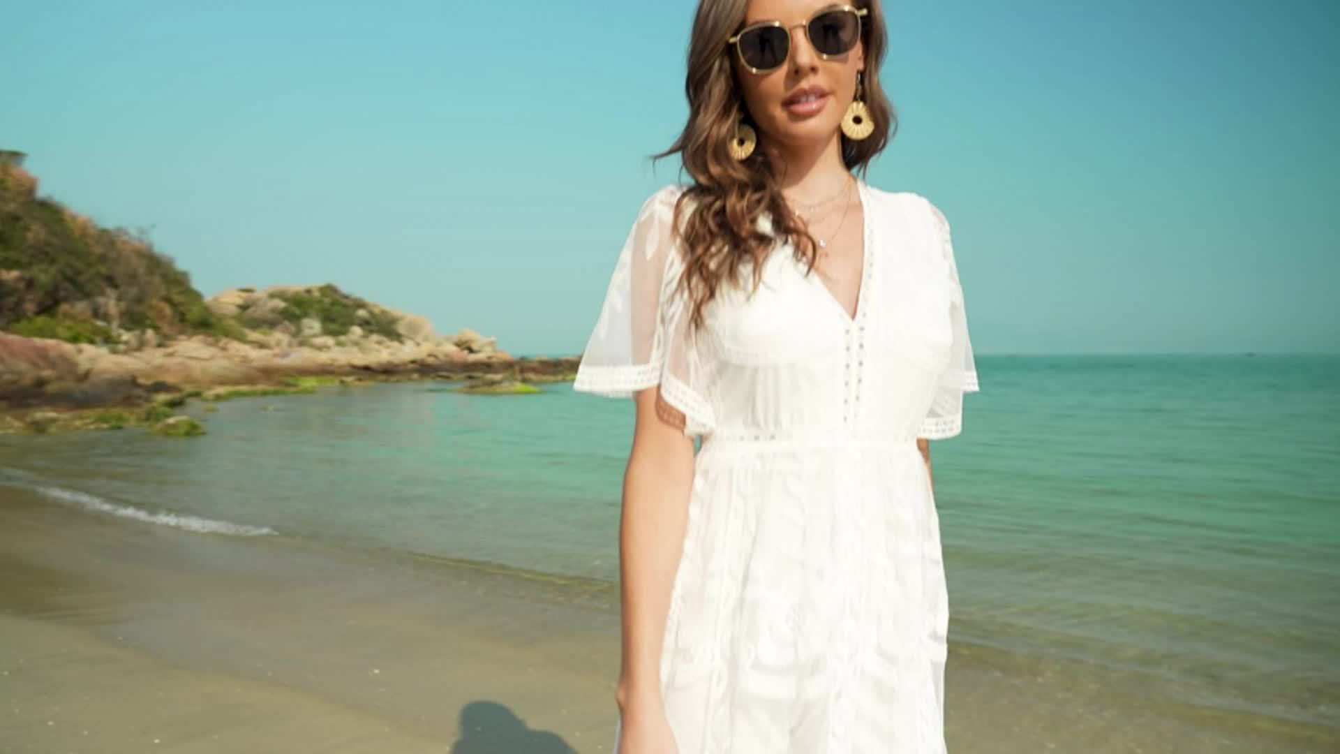 Boho Chic Romper Dress – Floral Deep V-Neck Lace Long Sleeve Embroidery Maxi A-Line Split Hem Cocktail Dress