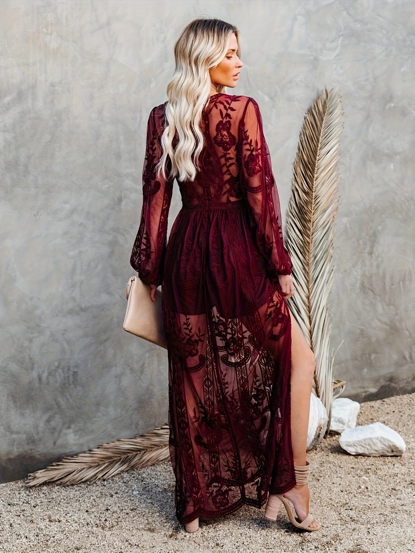 Boho Chic Romper Dress – Floral Deep V-Neck Lace Long Sleeve Embroidery Maxi A-Line Split Hem Cocktail Dress