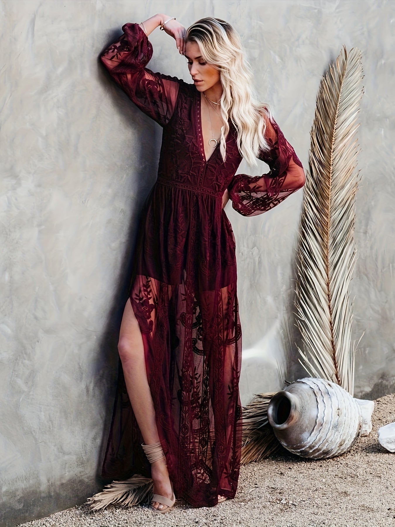 Boho Chic Romper Dress – Floral Deep V-Neck Lace Long Sleeve Embroidery Maxi A-Line Split Hem Cocktail Dress