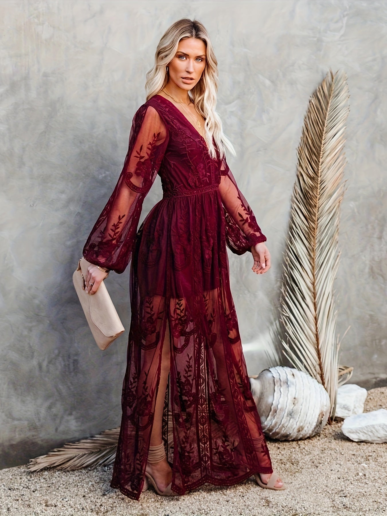 Boho Chic Romper Dress – Floral Deep V-Neck Lace Long Sleeve Embroidery Maxi A-Line Split Hem Cocktail Dress