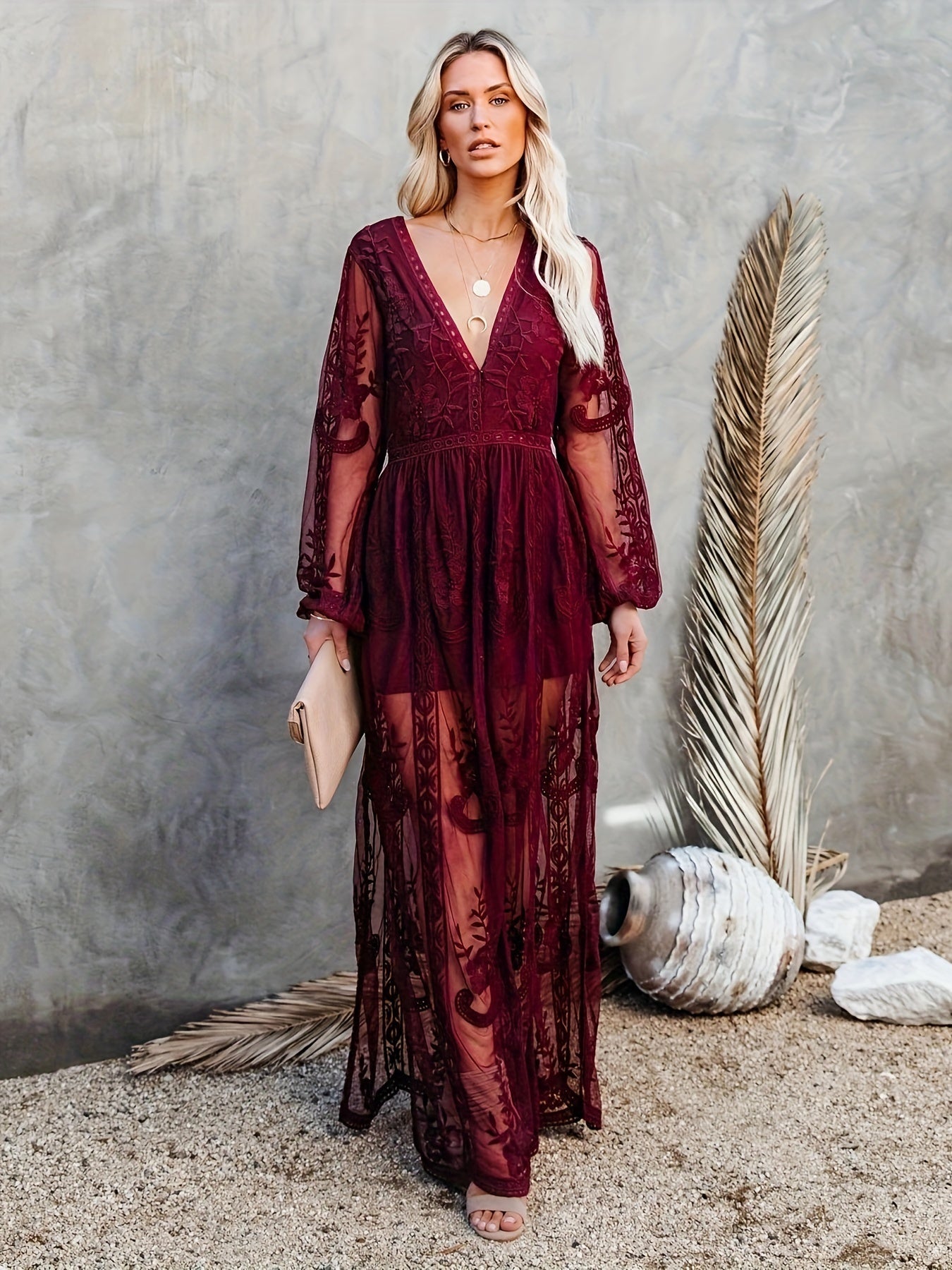 Boho Chic Romper Dress – Floral Deep V-Neck Lace Long Sleeve Embroidery Maxi A-Line Split Hem Cocktail Dress