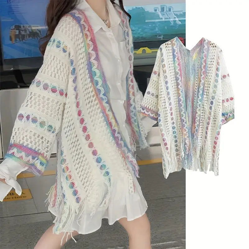 Boho Chic Summer Shawl for Women - Lightweight Vintage-Inspired Tassel Cardigan with Hollow Knit Design Polyester