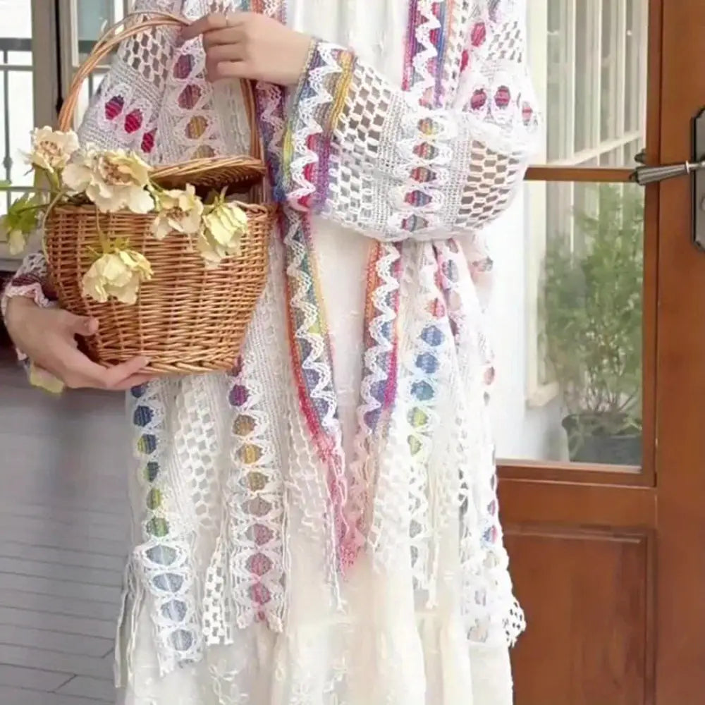 Boho Chic Summer Shawl for Women - Lightweight Vintage-Inspired Tassel Cardigan with Hollow Knit Design Polyester