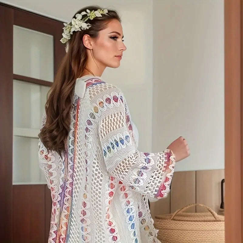 Boho Chic Summer Shawl for Women - Lightweight Vintage-Inspired Tassel Cardigan with Hollow Knit Design Polyester
