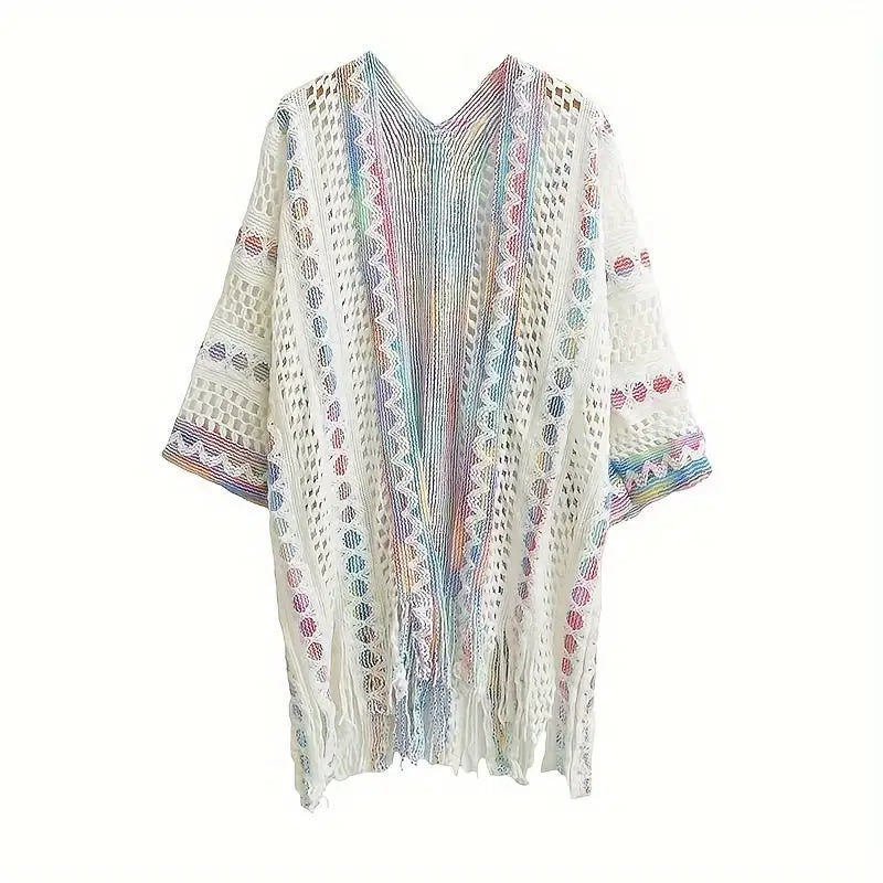 Boho Chic Summer Shawl for Women - Lightweight Vintage-Inspired Tassel Cardigan with Hollow Knit Design Polyester