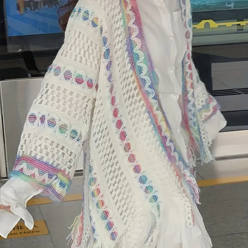 Boho Chic Summer Shawl for Women - Lightweight Vintage-Inspired Tassel Cardigan with Hollow Knit Design Polyester