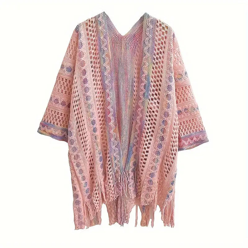 Boho Chic Summer Shawl for Women - Lightweight Vintage-Inspired Tassel Cardigan with Hollow Knit Design Polyester