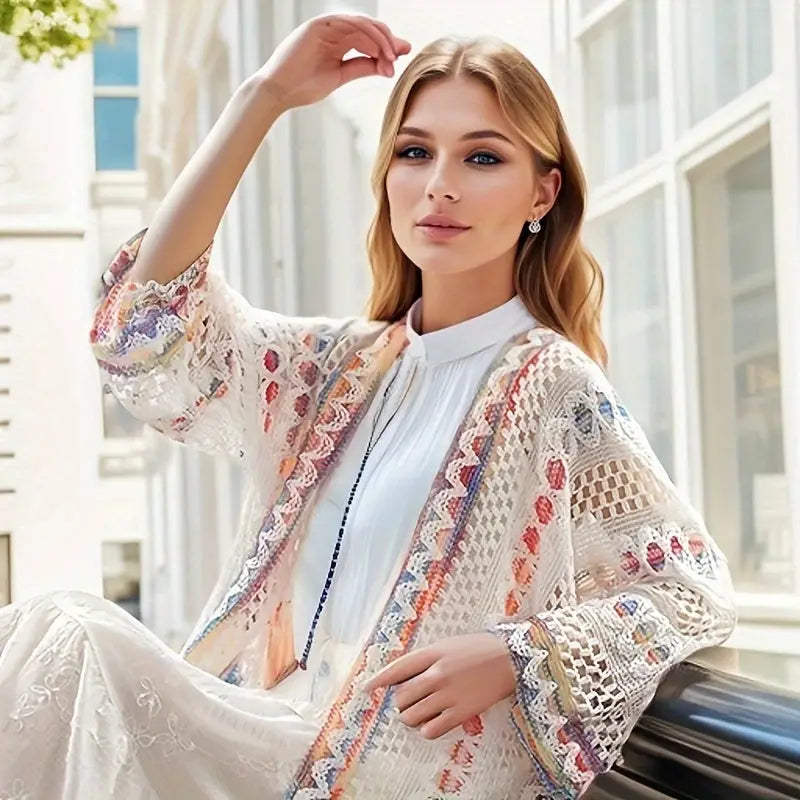 Boho Chic Summer Shawl for Women - Lightweight Vintage-Inspired Tassel Cardigan with Hollow Knit Design Polyester