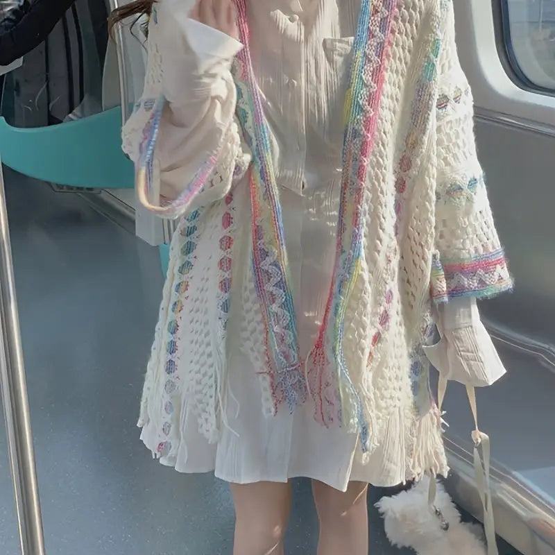 Boho Chic Summer Shawl for Women - Lightweight Vintage-Inspired Tassel Cardigan with Hollow Knit Design Polyester