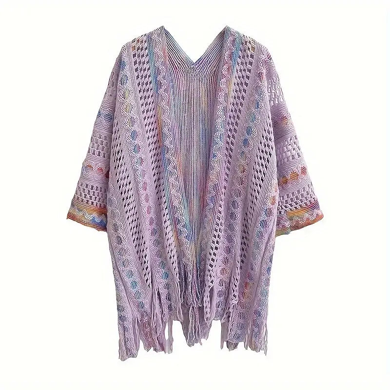 Boho Chic Summer Shawl for Women - Lightweight Vintage-Inspired Tassel Cardigan with Hollow Knit Design Polyester