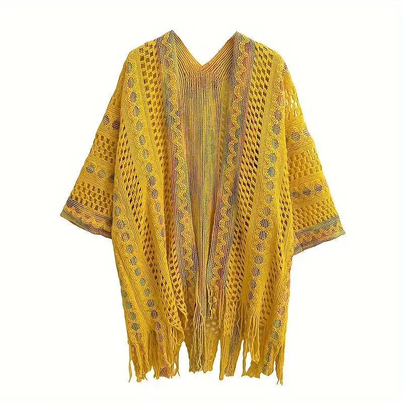 Boho Chic Summer Shawl for Women - Lightweight Vintage-Inspired Tassel Cardigan with Hollow Knit Design Polyester