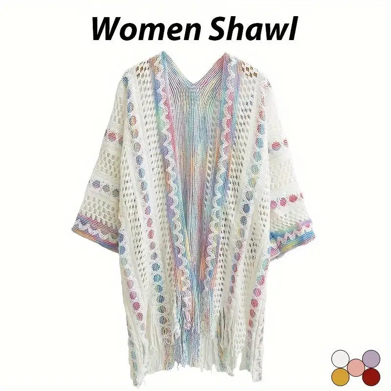 Boho Chic Summer Shawl for Women - Lightweight Vintage-Inspired Tassel Cardigan with Hollow Knit Design Polyester