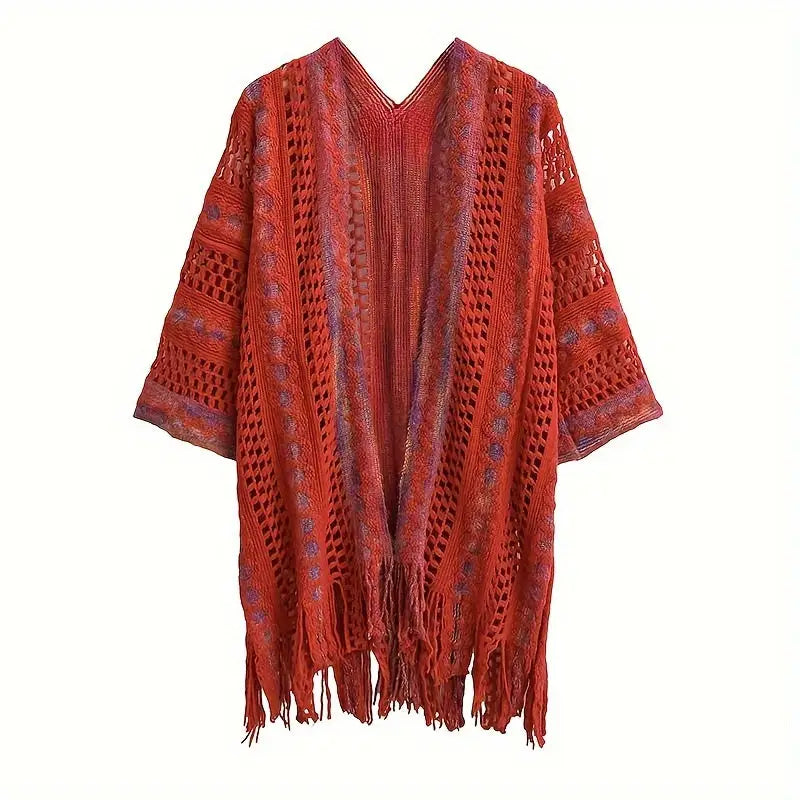Boho Chic Summer Shawl for Women - Lightweight Vintage-Inspired Tassel Cardigan with Hollow Knit Design Polyester