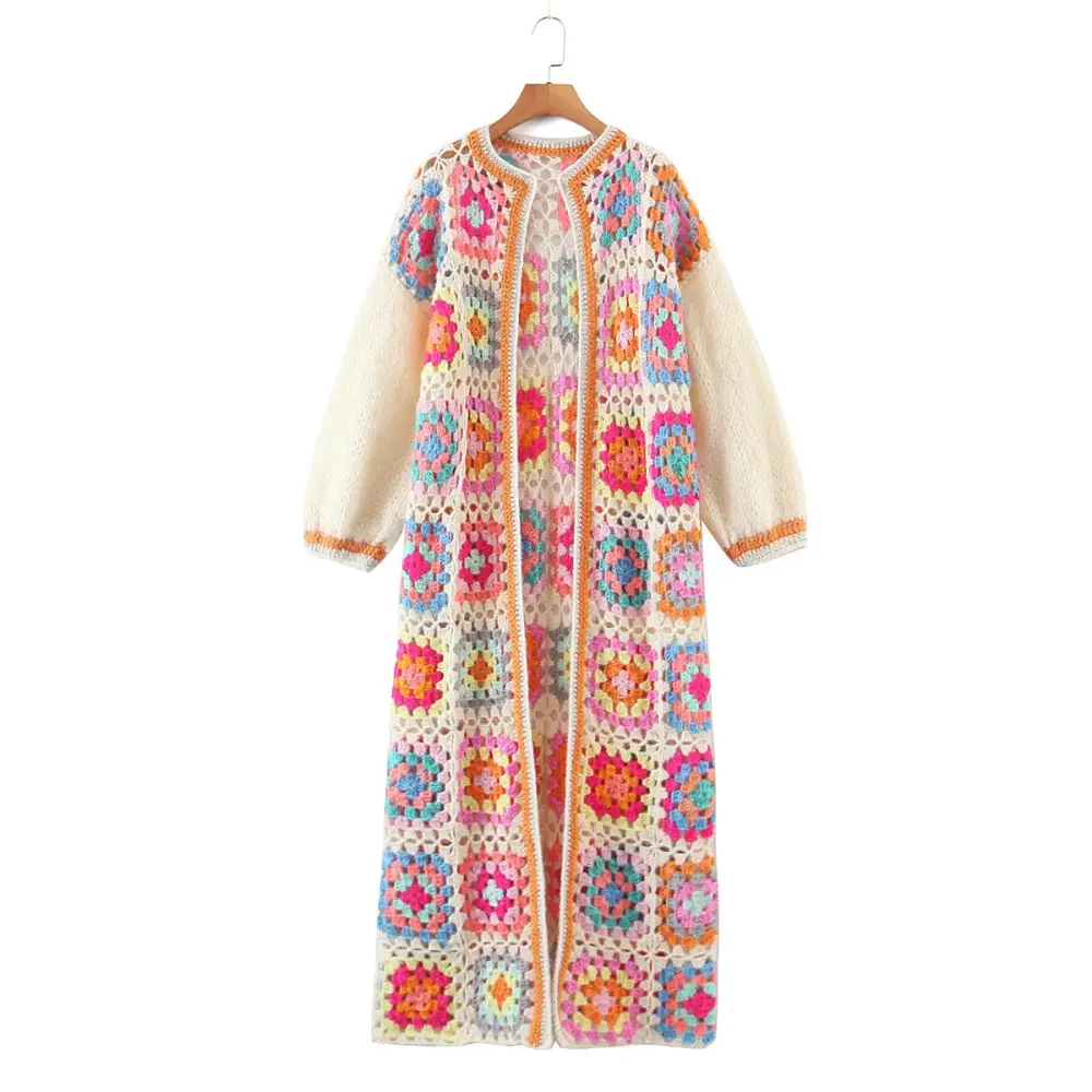 BOHO Colored Plaid Flower Hand Crochet Cardigan - Vintage O-Neck Long Sweater Knitwear Jumper for Women - Crochet